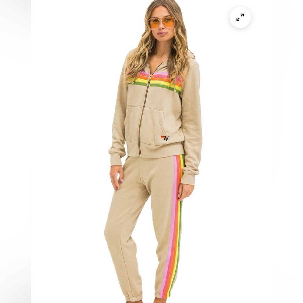 Aviator Nation Beige Zip Hoodie with Neon Rainbow Stripes